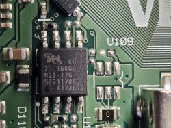 Close-up of an integrated circuit marked 25L1606E on a circuit board.