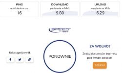 Wyniki testu prędkości internetu z opóźnieniem 16 ms, pobieraniem 9,80 Mb/s i wysyłaniem 6,29 Mb/s.