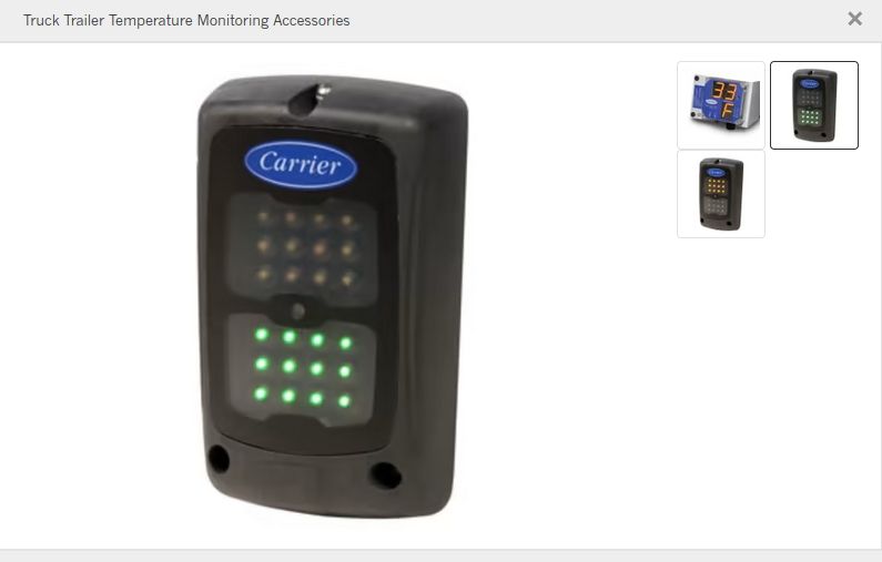 Monitor temperatury przyczepy ciężarowej marki Carrier z kolorowymi diodami LED.