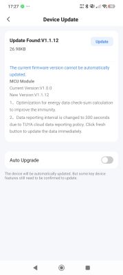 Firmware update screen showing version V1.1.12 found and Auto Upgrade toggle off