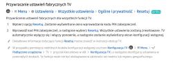Instrukcje przywracania ustawień fabrycznych telewizora.