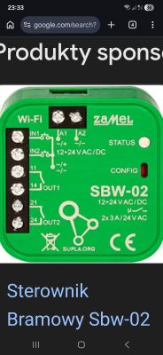 Zrzut ekranu z Google z modułem Wi‑Fi Zamel SBW‑02 i opisami zacisków 12–24 V AC/DC