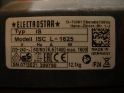 Tabliczka znamionowa odkurzacza przemysłowego Electrostair ISC L-1625.