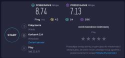 Wynik testu prędkości internetu: pobieranie 8,74 Mbps, wysyłanie 7,13 Mbps.