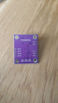 Purple PAM8406 amplifier PCB with labeled pins on a wooden surface