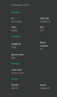 Zrzut ekranu z aplikacji diagnostycznej pokazujący szczegóły połączenia LTE/5G sieci Orange PL.