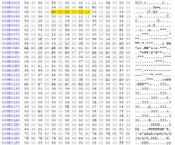 Screenshot showing a hex view of memory contents with highlighted bytes.
