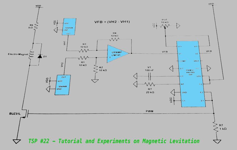 Magnetic levitation circuit diagram with sensors, op-amp, PWM, and electromagnet