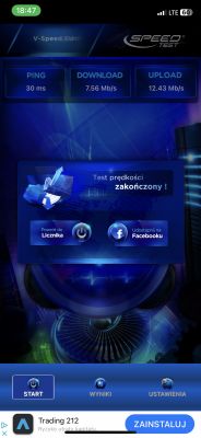 Ekran z wynikami testu prędkości internetu pokazujący wartości PING, DOWNLOAD i UPLOAD.