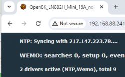 Browser window with OpenBK control panel showing NTP synchronization and active WEMO drivers.
