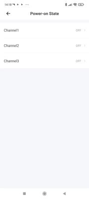 Screenshot of a mobile app showing Power-on State settings for three channels, all set to OFF.
