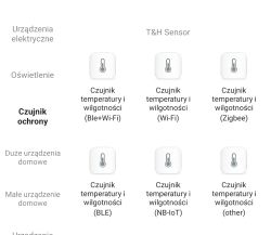 Screenshot from an app showing different types of temperature and humidity sensors to select during device pairing.