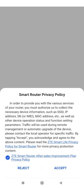 Ekran aplikacji z polityką prywatności Smart Router i przyciskami REJECT i ACCEPT