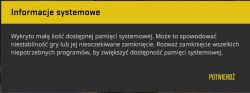 Komunikat w grze o niskiej dostępności pamięci systemowej