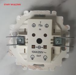 Stary elektryczny przełącznik z oznaczeniami IN i OUT oraz parametrami 10AX/250V.