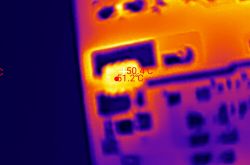 Thermal image of PCB with highlighted area reaching over 50°C