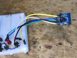 CB2S module with soldered wires on a breadboard