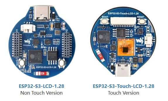 Porównanie dwóch płytek ESP32-S3-LCD-1.28: wersji bez ekranu dotykowego i z ekranem dotykowym.