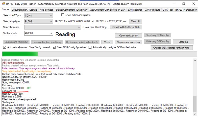 BK7231 Easy UART Flasher interface reading flash and showing command error