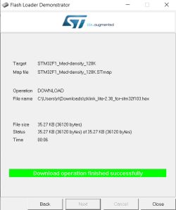 Screenshot of Flash Loader Demonstrator after successful STM32F1 firmware download