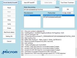 RT809HSE software screenshot showing detected Micron chip and operation log