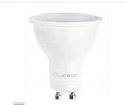 Biała żarówka LED marki LUMILED z dwoma metalowymi pinami.