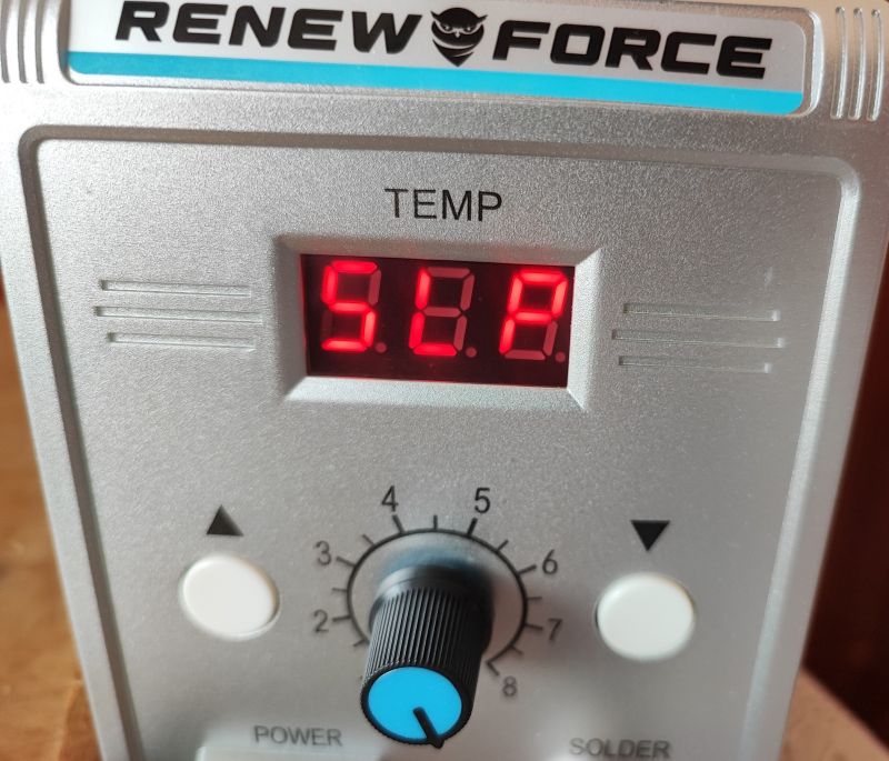 Renew Force Soldering Station Control Panel Control panel of a Renew Force hot air soldering station with temperature display.