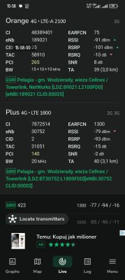 Dane sygnału LTE z aplikacji NetMonster dla Orange i Plus Zrzut ekranu z aplikacji NetMonster z danymi LTE dla sieci Orange i Plus
