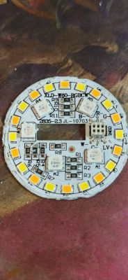Round RGBCW LED PCB with SMD LEDs and connector, labeled XL W60-RGBCW