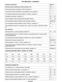 Evo Web Radio settings panel with display, equalizer, and VU meter parameters