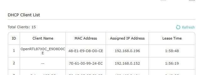 DHCP client list showing “OpenRTL87X0C_E9D8D0CE” with assigned IP address.