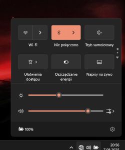 Panel szybkich ustawień systemu Windows z rozwiniętym menu i brakiem połączenia Bluetooth
