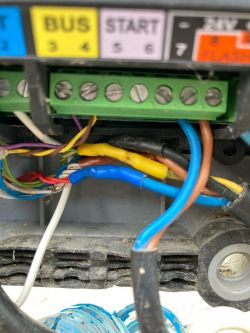 Zbliżenie na kostkę elektryczną z różnokolorowymi przewodami.