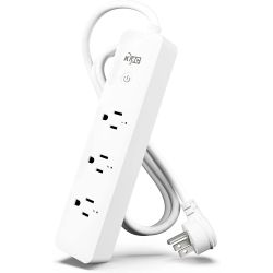 White KMC power strip with three outlets and a power button on top.