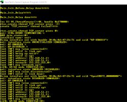 Screenshot from RealTerm program displaying network device initialization logs and Wi-Fi connection attempts.