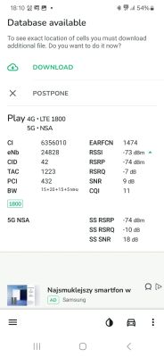 Zrzut ekranu z aplikacji pokazujący parametry sygnału sieci Play 4G LTE i 5G z detalami technicznymi o jakości połączenia.