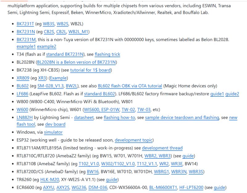 A list of supported chipsets with links to guides and examples for firmware flashing, including BK7231T, BL602, LF686, W600, ESP32, and RTL8195A.