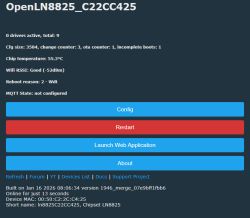 OpenLN8825 device web panel with system status and control buttons