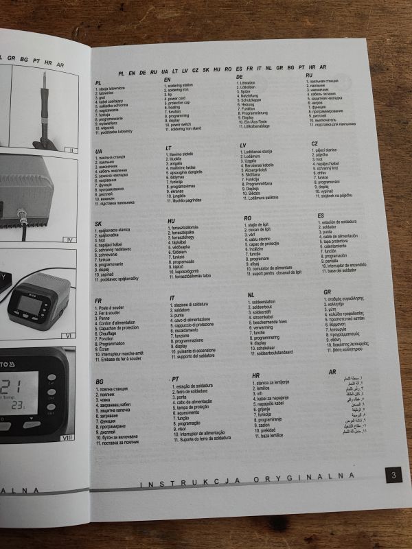 Instrukcja obsługi stacji lutowniczej z tłumaczeniami językowymi.