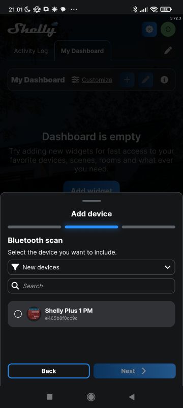 Shelly app screen showing Shelly Plus 1PM detected via Bluetooth