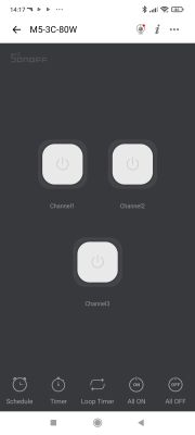 Screenshot of the eWeLink app showing the control panel for a Sonoff M5-3C-80W switch with three channels.
