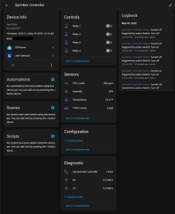 Sprinkler controller dashboard with device info, relays, sensors, and activity log displayed.
