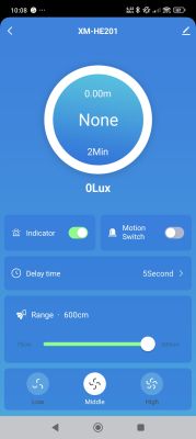 App screen showing motion sensor settings for device XM-HE201