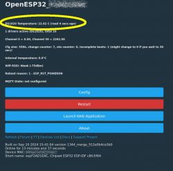 Screenshot of the OpenESP32 interface showing DS1820 temperature at 22.62°C and system details.