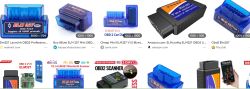 Różne modele adapterów diagnostycznych ELM327 OBD2 w niebieskich i czarnych obudowach.
