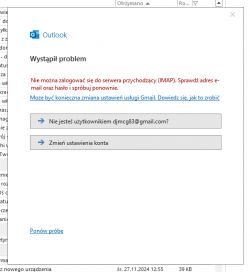 Zrzut ekranu z wiadomością o błędzie w programie Outlook dotyczącą logowania.