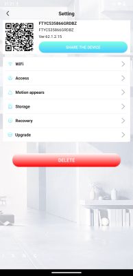 Device Settings Screen in Mobile App Device settings app screen with configuration options, a QR code, and a Delete button.