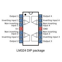 Schemat układu LM324 DIP z oznaczeniami pinów