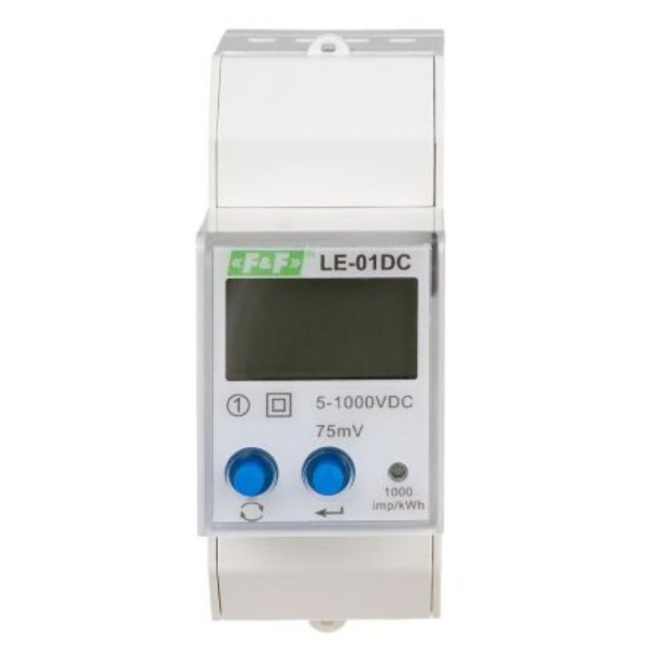 Jednofazowy licznik energii F&F LE-01DC z wyświetlaczem LCD i dwoma przyciskami.