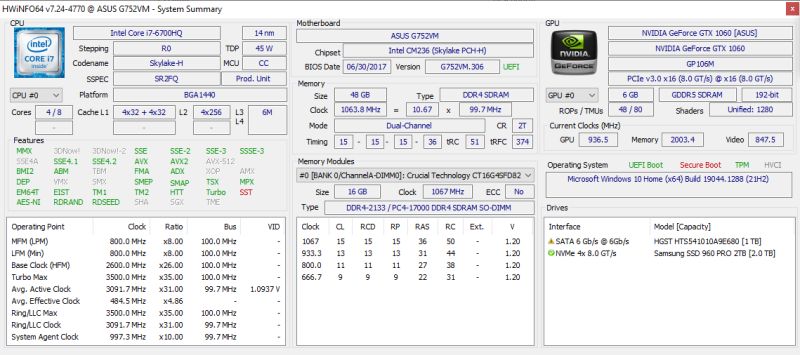 HWiNFO64 System Summary screenshot for ASUS G752VM: i7-6700HQ, GTX 1060, 48 GB RAM.